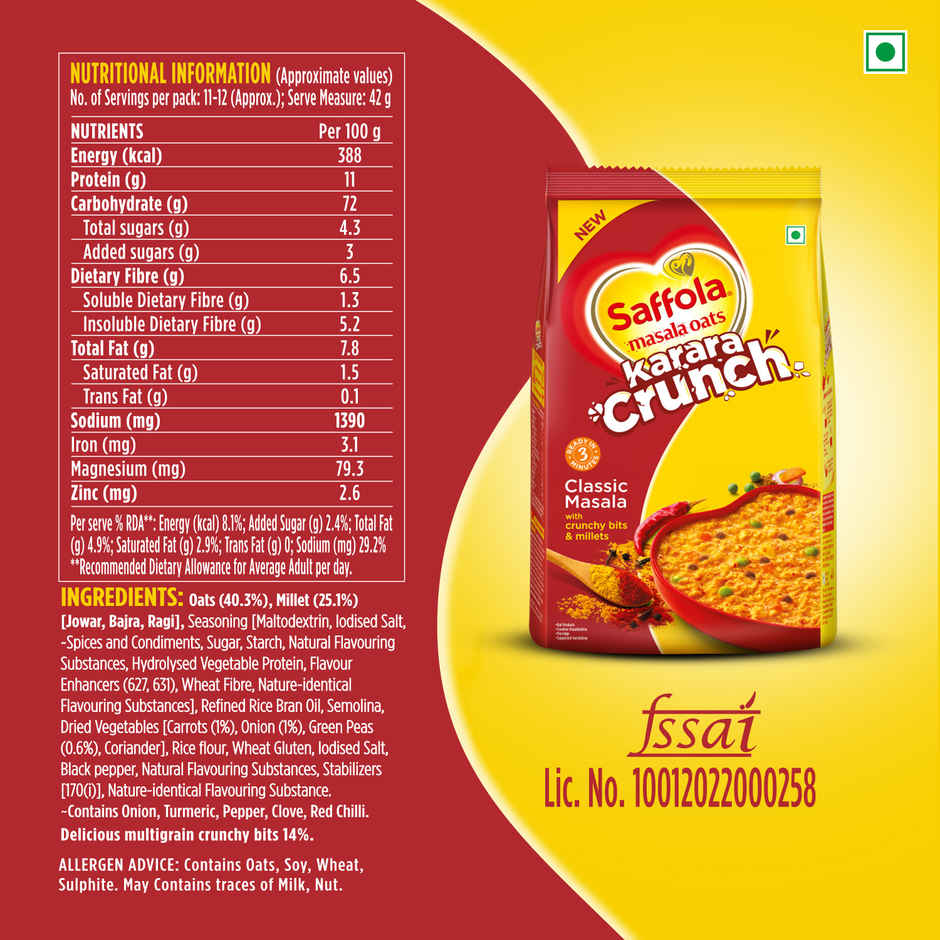Saffola Masala Oats Karara Crunch, Tasty Snack, Classic Masala