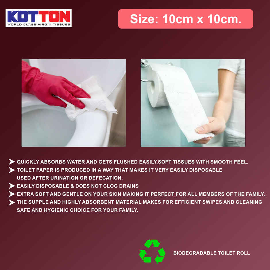 Kotton Toilet Roll - 3 Ply -100% Virgin Pulp/Paper, Pack of 12 160 sheets