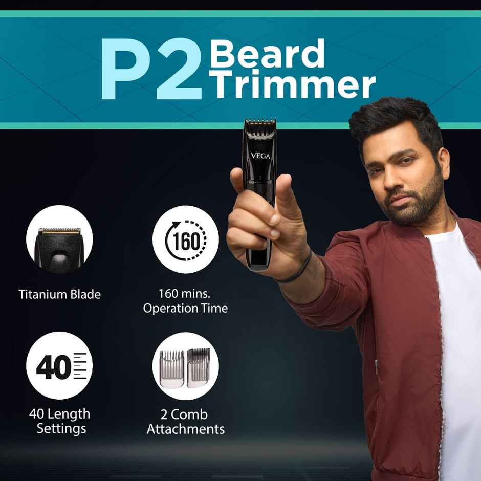 VEGA P-2 Beard Trimmer for Men with 160 Min Runtime, 2 Comb Attachment, Type-C Fast Charging ,VHTH-26