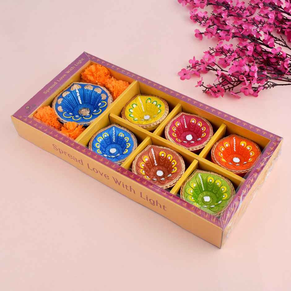 Designer Multicolor Clay Diya | 6+1 | Designer Diya | Satvik