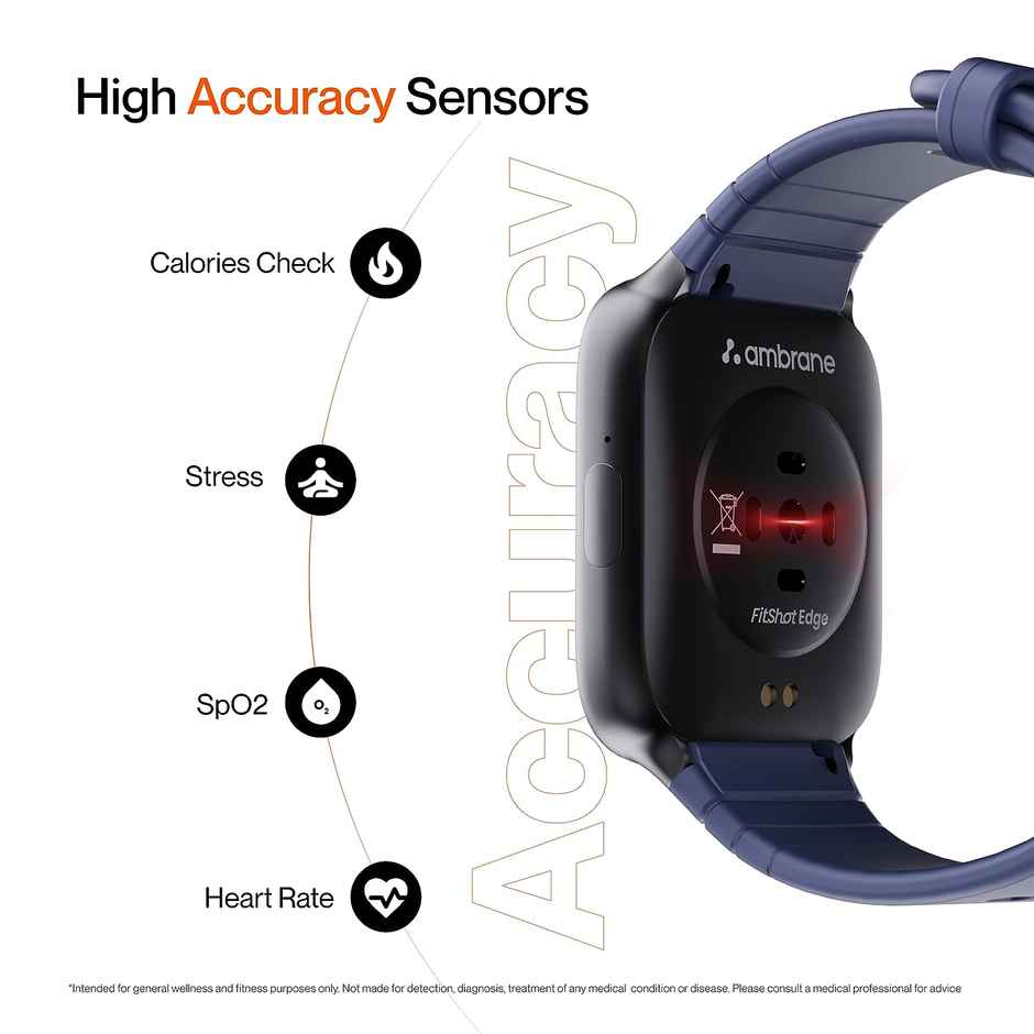 Ambrane Fitshot Edge Smartwatch With Health Monitoring | 1.69" HD Display | IP68 Waterproof - Blue