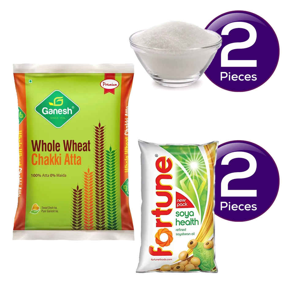 Ganesh Whole Wheat Chakki Atta, Fortune Soyabean Oil & Mayurank Mayurank Sugar Combo