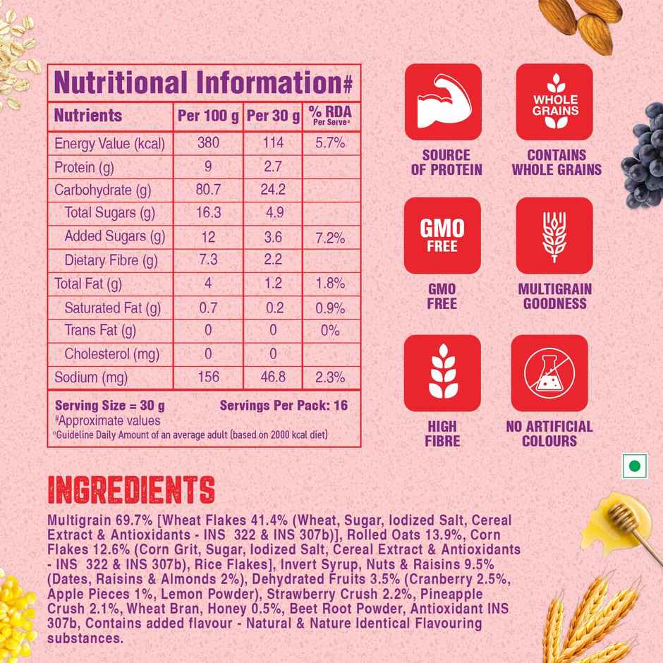 Lawrence Mills Crunchy Fruit & Nut Muesli 87% Fruits Nuts & Multi-Grains