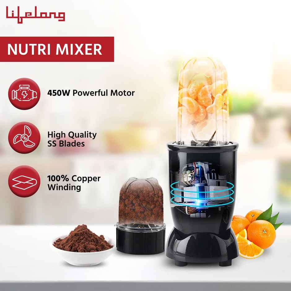 Lifelong Regalia PowerNutri (LLNBB001) Mixer/Grinder/Blender/Shaker, 2 Stainless Steel Blades,2 Unbreakable Jars, 450 W Powerful Copper Motor - Black