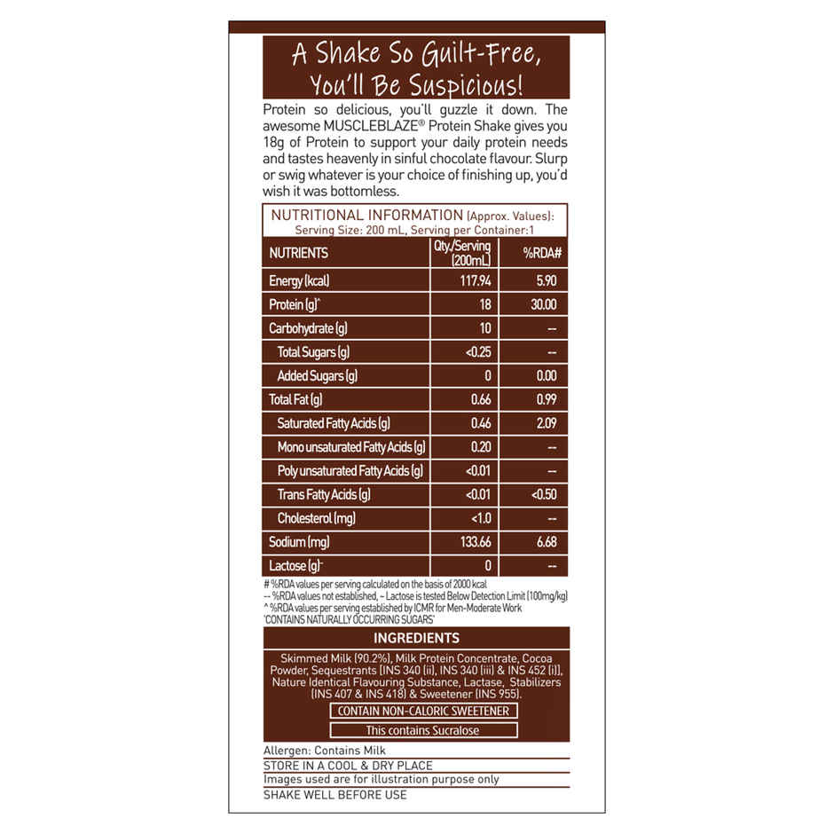MuscleBlaze 18g Protein Shake (No Added Sugar) Chocolate Flavour
