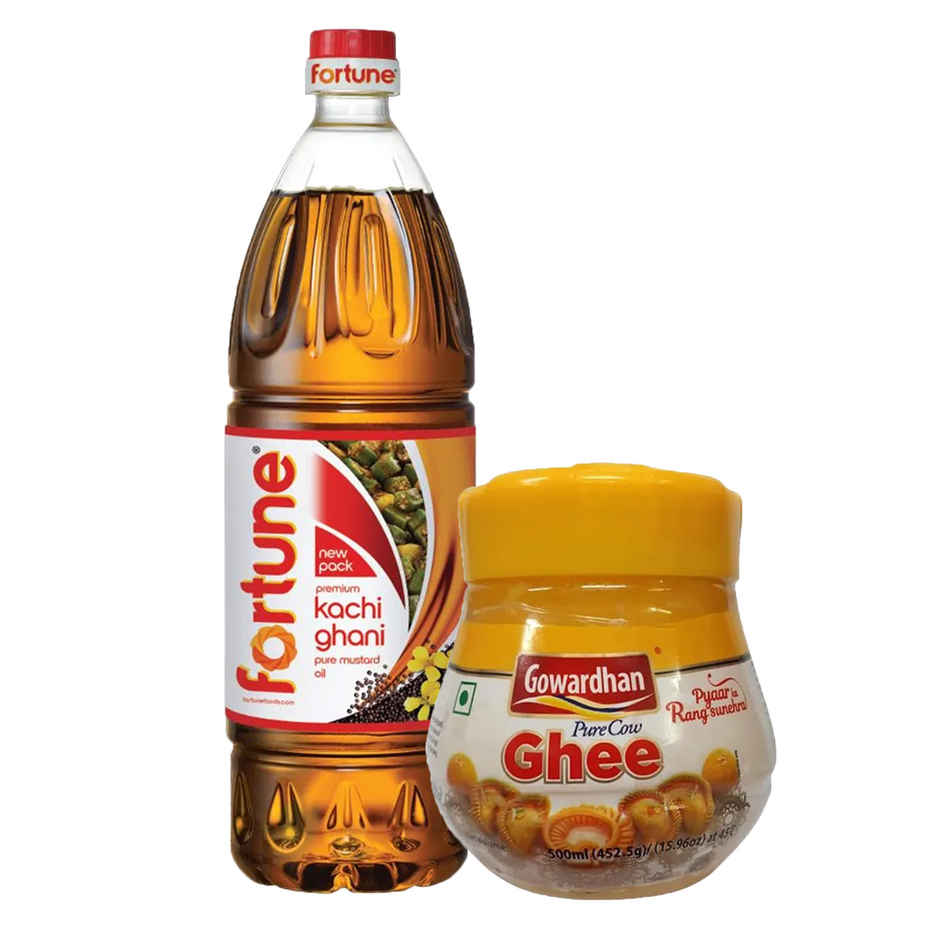 Gowardhan Ghee/Tuppa Jar(500ml) & Fortune Kachi Ghani Mustard Oil Bottle(1l) Combo