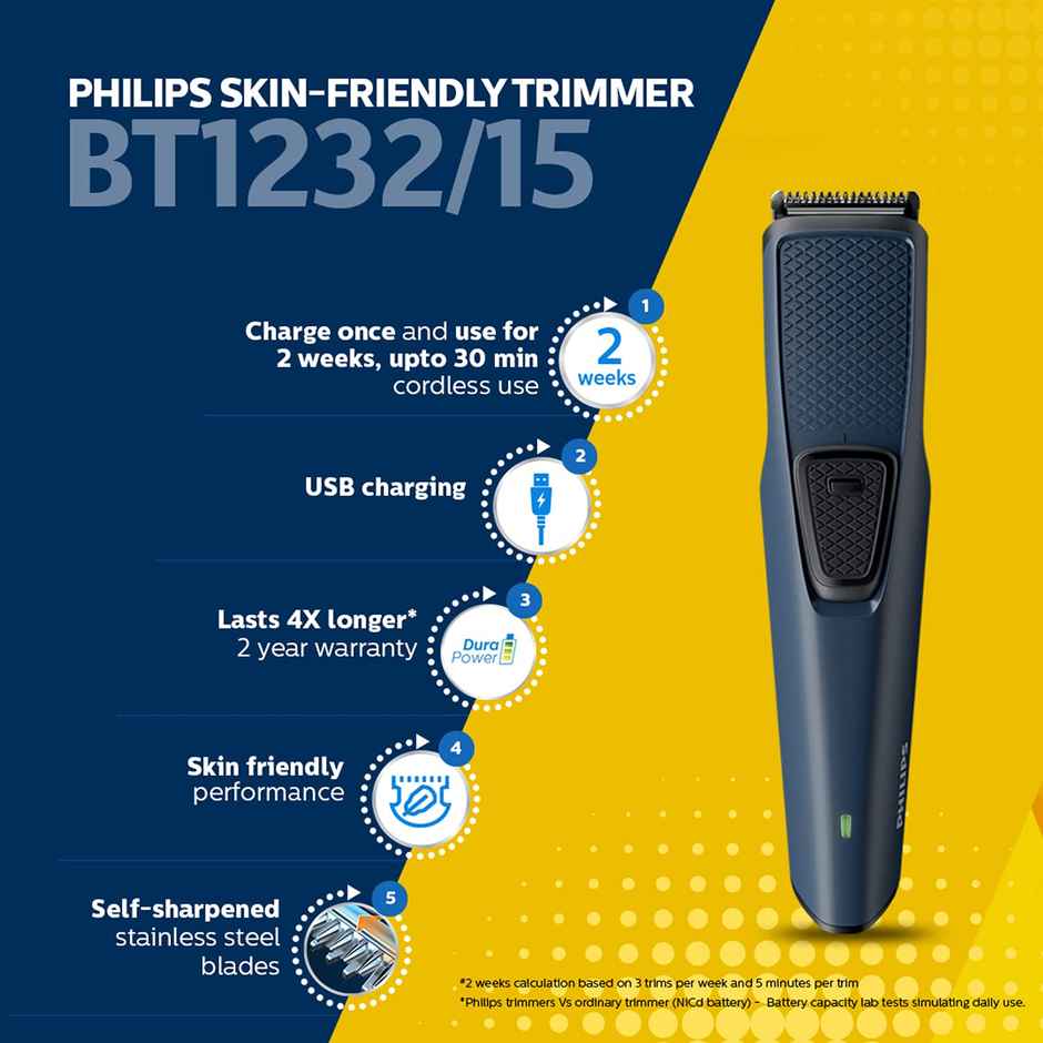 Philips Bt1232/15 Trimmer 30 Mins Runtime 3 Length Settings (Blue)