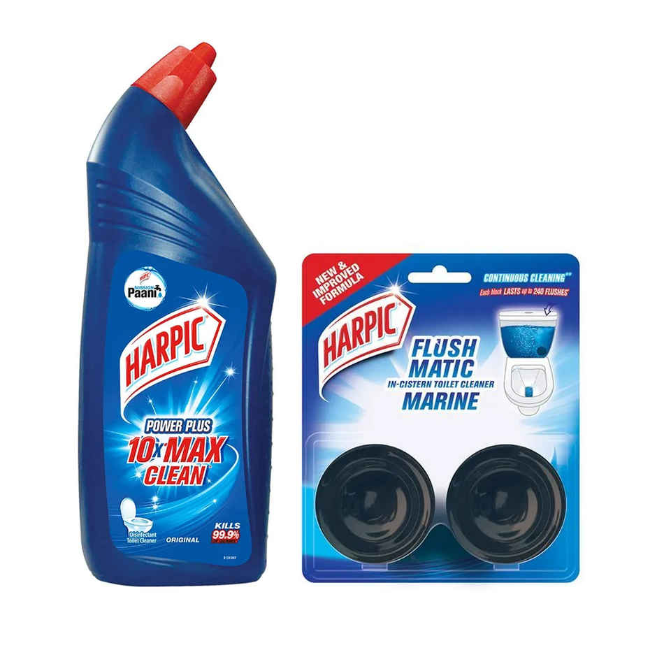 Harpic Disinfectant Toilet Cleaner Liquid Original 1 L(1l) & Harpic Flushmatic In-Cistern Toilet Cleaner Blocks Marine 100 Gram(100gms) Combo