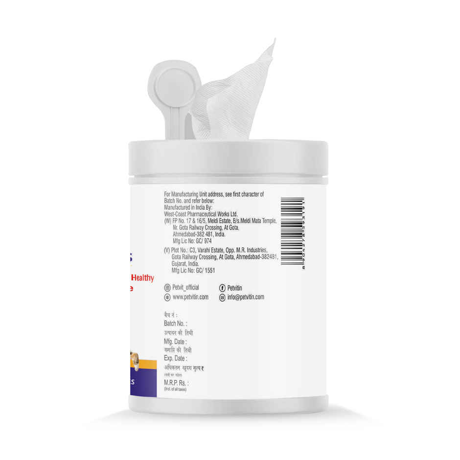 Petvit Eye Tear Stain Remover Wipes For Dogs And Cats - Fragrance Less | 50 Pulls Per Pack