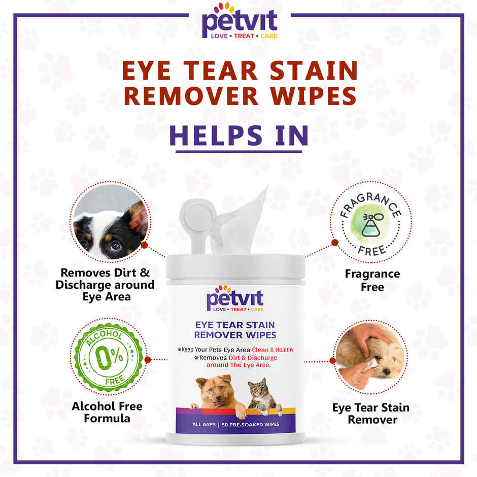 Petvit Eye Tear Stain Remover Wipes For Dogs And Cats - Fragrance Less | 50 Pulls Per Pack