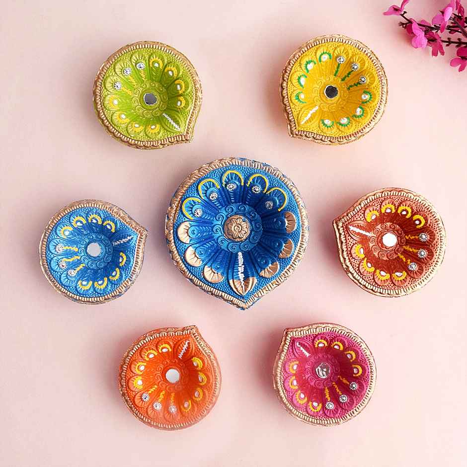 Designer Multicolor Clay Diya | 6+1 | Designer Diya | Satvik