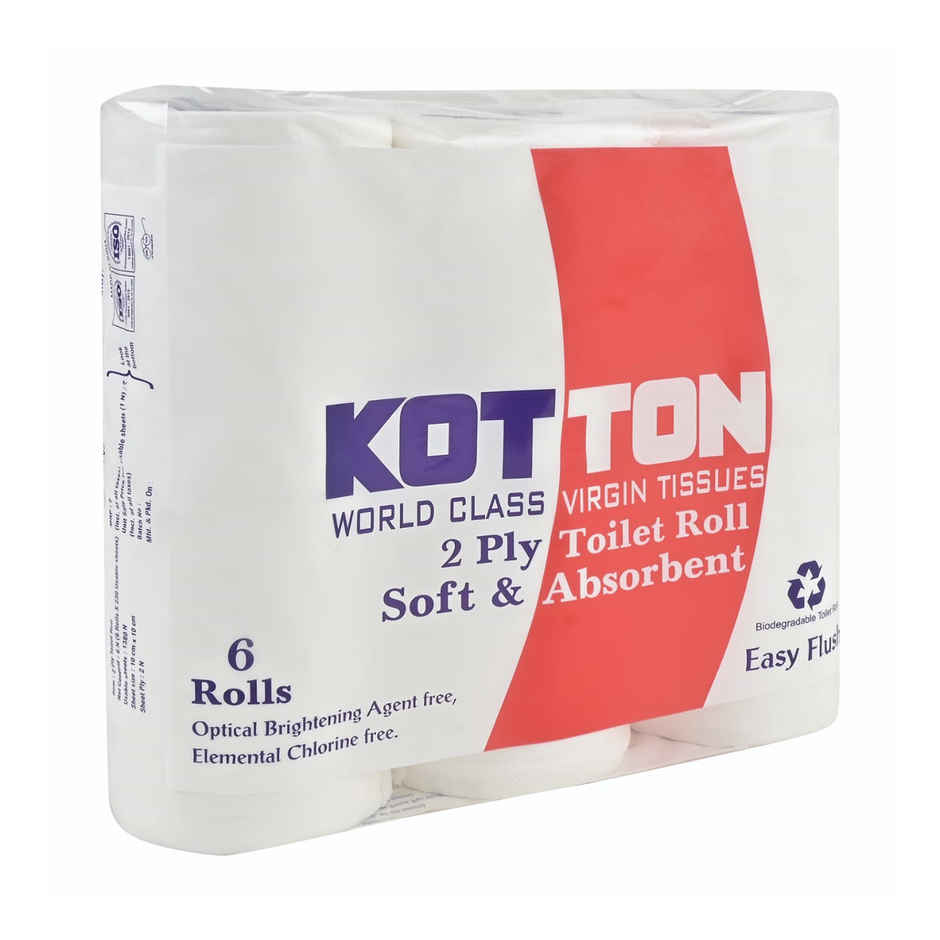 Kotton Toilet Roll - 2 Ply -100% Virgin Pulp/Paper, Pack of 6, 230 sheets