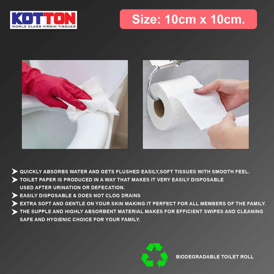 Kotton Toilet Roll - 2 Ply -100% Virgin Pulp/Paper, Pack of 6, 230 sheets