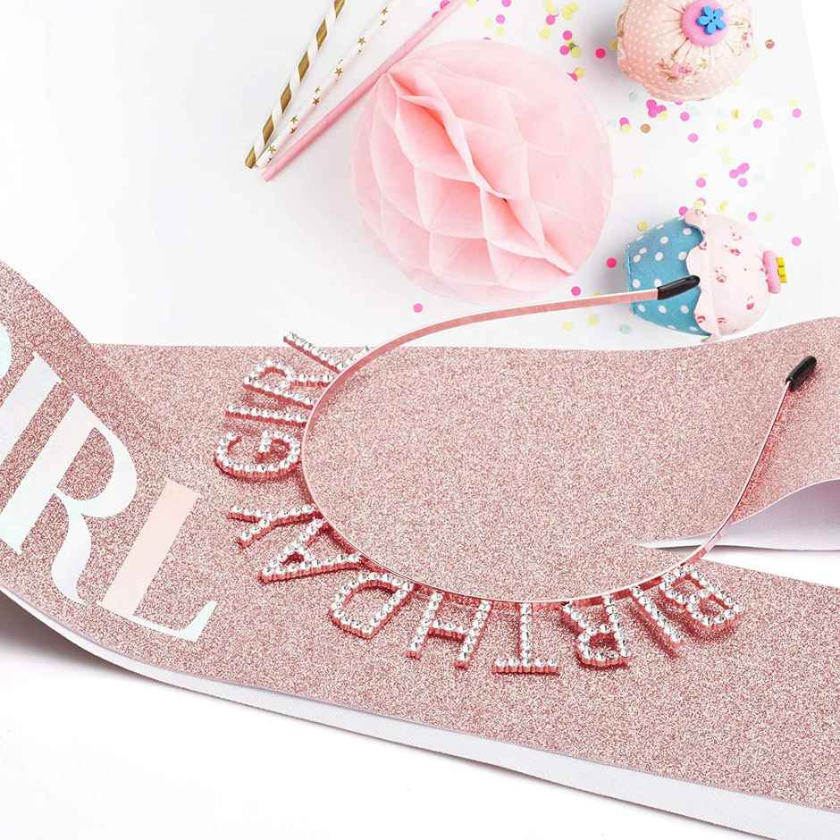Party Propz Birthday Girl Sash And Crown - Rose Gold 2 Pcs Birthday Decoration Items for Girl