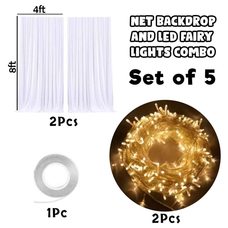 Festive/ Party Decoration Combo | 2 Pcs White Net Curtains, 2 Pcs Led Fairy Lights, 1 Pc Ribbon