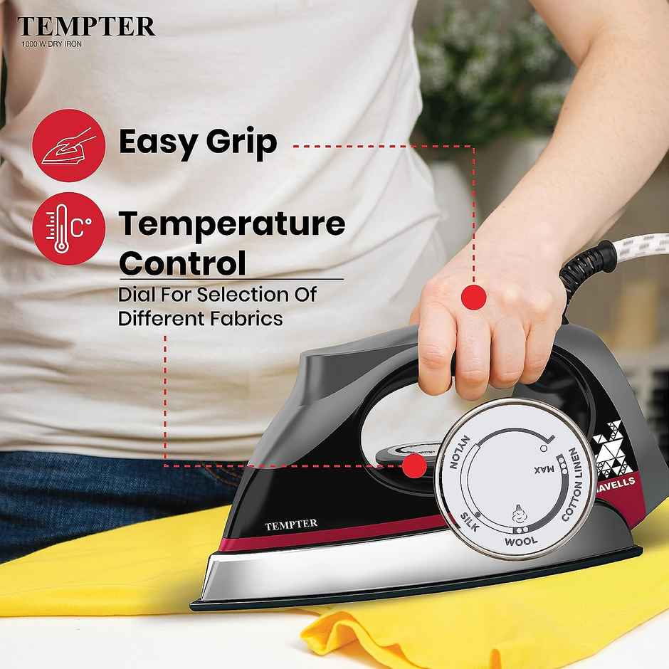 Havells Abs Tempter 1000 Watts Dry Iron Press With Greblon E2 Grade Non-Stick Coated Sole Plate Aerodynamic Design With Shock Proof - Black
