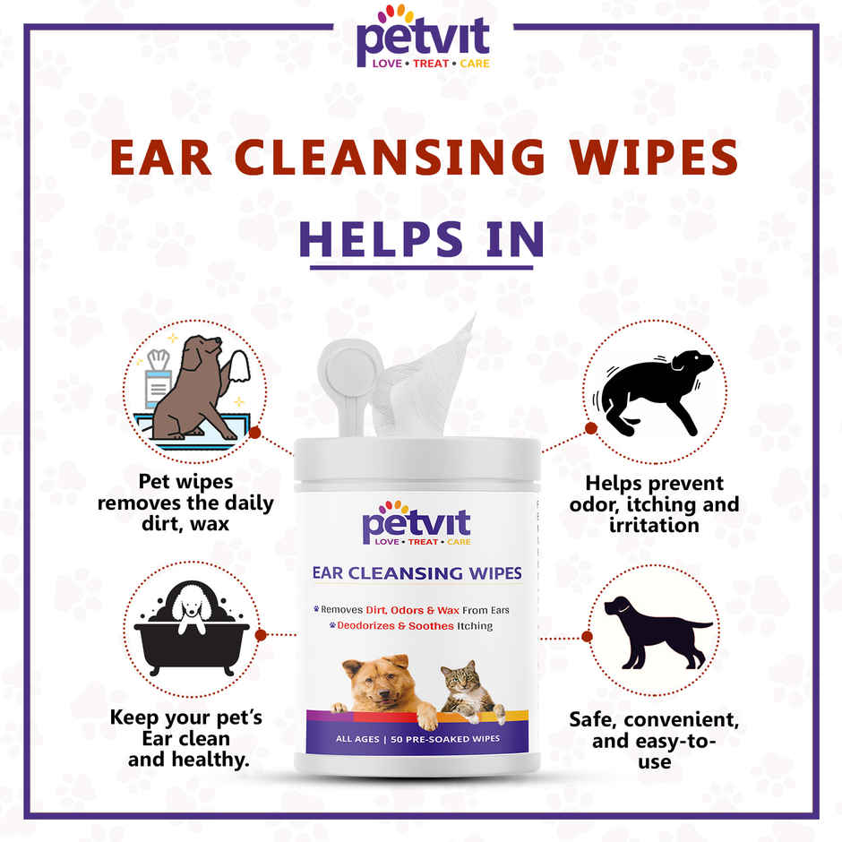 Petvit Ear Cleansing Wipes For Dogs And Cats To Remove Dirt - Fragrance Less | 50 Pulls Per Pack