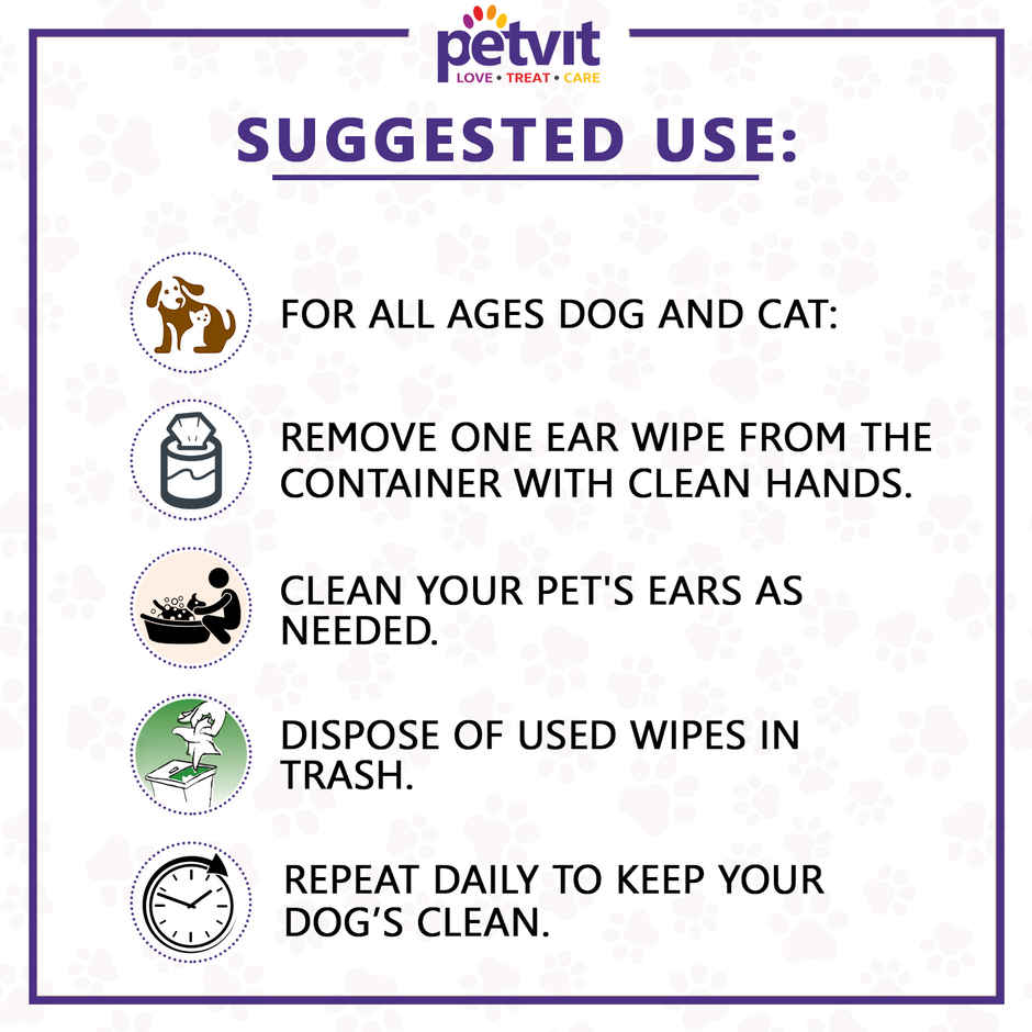 Petvit Ear Cleansing Wipes For Dogs And Cats To Remove Dirt - Fragrance Less | 50 Pulls Per Pack