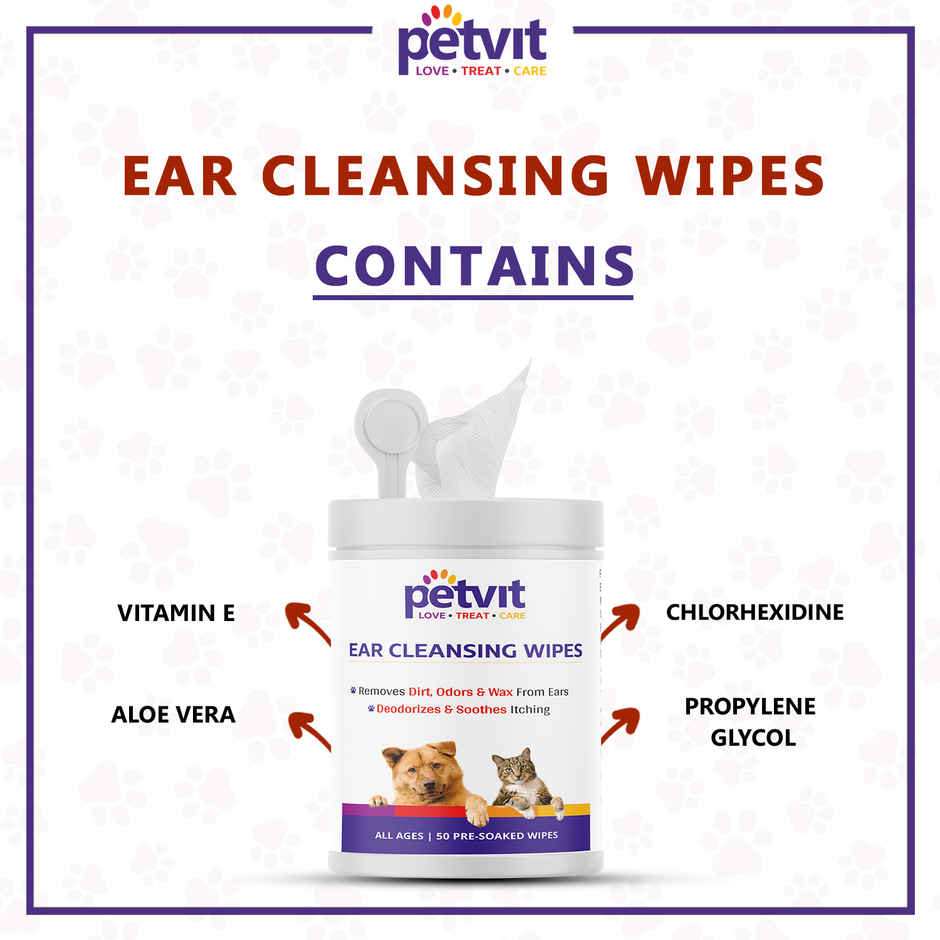 Petvit Ear Cleansing Wipes For Dogs And Cats To Remove Dirt - Fragrance Less | 50 Pulls Per Pack