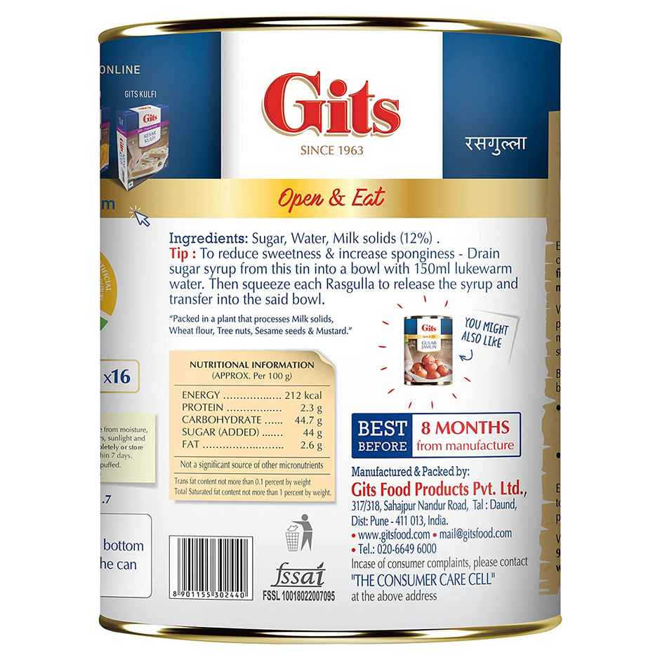 Gits Gulab Jamun Open & Eat (Tin) (1kg) & Gits Rasgulla Open & Eat (Tin) (1kg) Combo
