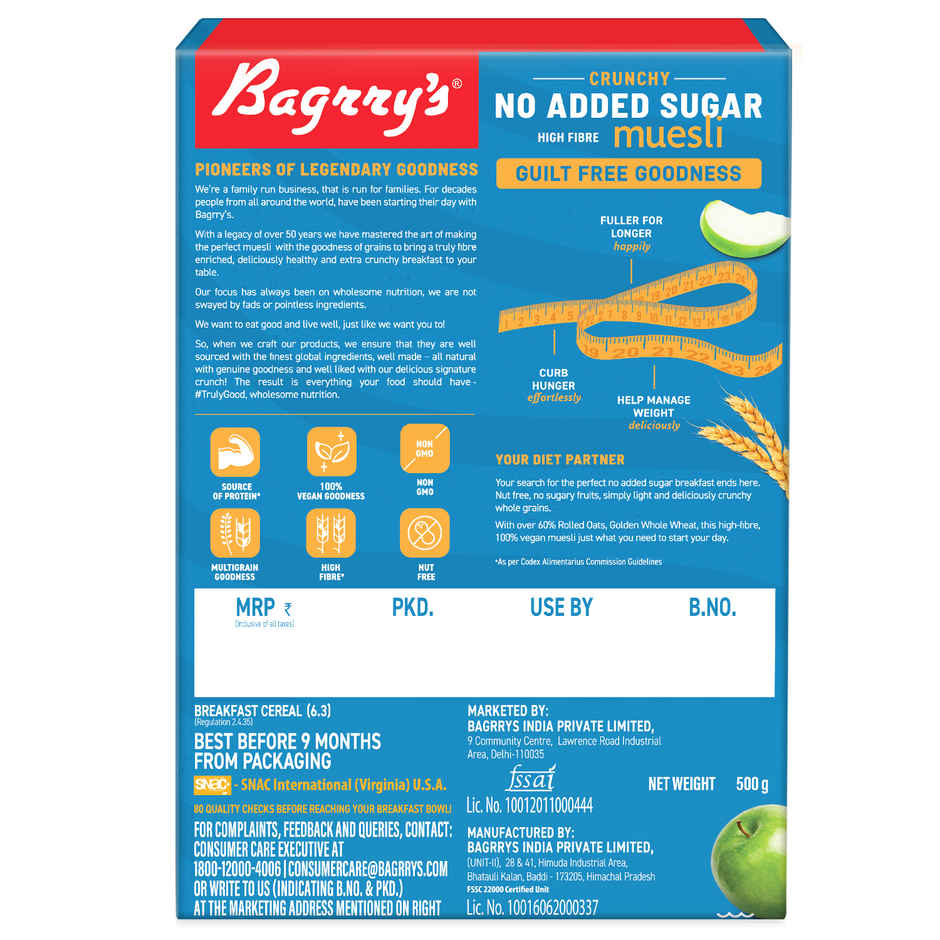 Bagrry's Crunchy No Added Sugar 0% Diet Muesli with High Fibre| Plant Based
