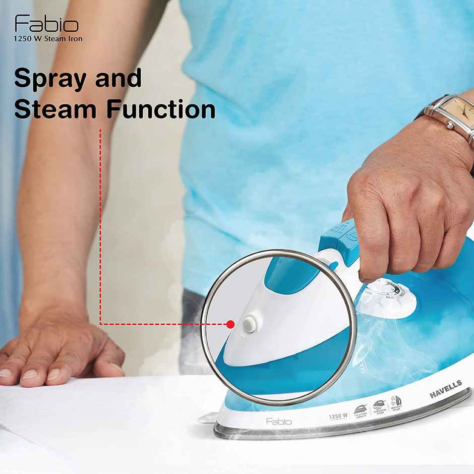 Havells Fabio 1250W Steam Iron, Teflon Coated Soleplate, Quick Heat-Up, 110ml Water Tank - Blue