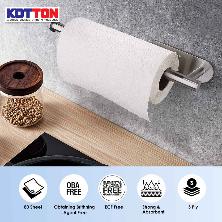 Kotton 3 Ply Kitchen Towel Paper Roll/100% VirginPulp/Paper - Pack Of 3 Rolls - 80 Pulls Per Roll