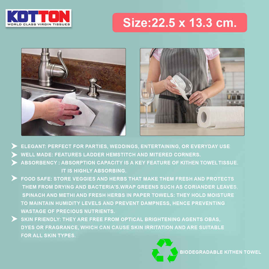 Kotton 3 Ply Kitchen Towel Paper Roll/100% VirginPulp/Paper - Pack Of 3 Rolls - 80 Pulls Per Roll Combo 