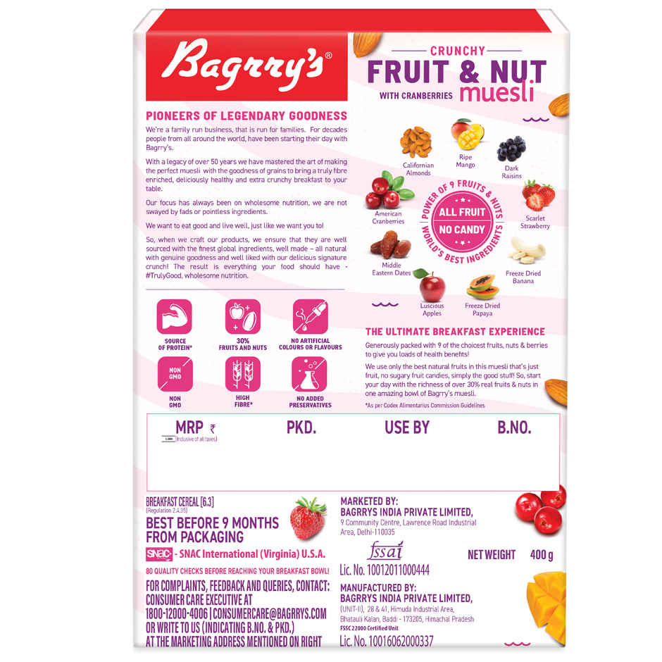 Bagrry's Crunchy Muesli 30% Fruit & Nut with Cranberries | 34% Rich Fibre Oats