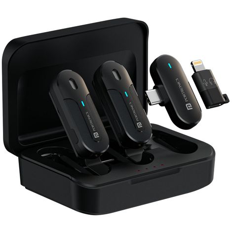 Portronics Vlogmate 2 Dual Microphone with Charging Case, Type C & 8 Pin Receiver(Black)