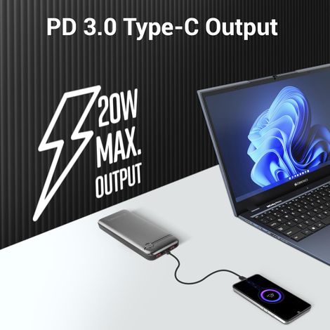 Zebronics MB10000S11 Power Bank, 10000 mAh, Rapid Charge, 20W Output, Dual USB Output, Pd 3.0 Type C (Black)