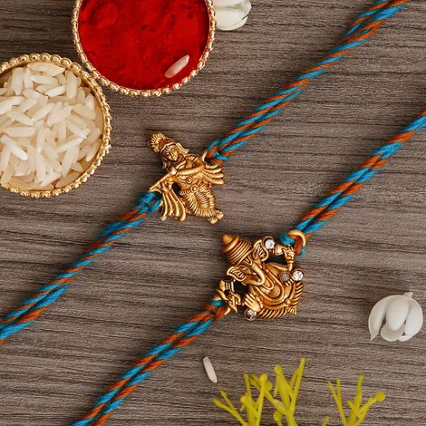 Religious Blue, Orange & Golden Religious Lord Krishna & Lord Ganesha Rakhis & Roli Chawal Pack (eCraftIndia) Set of 2