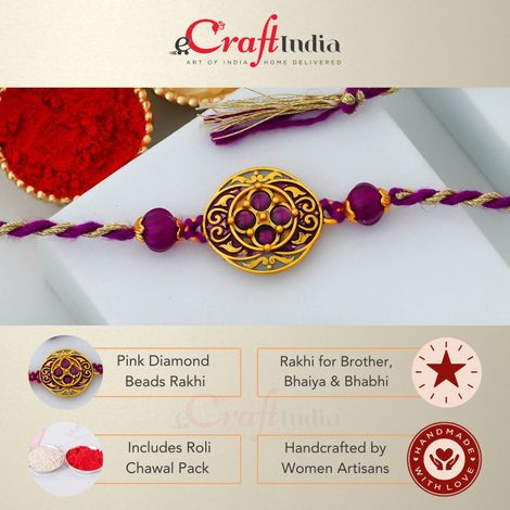 Stone Pink Golden Diamond Beads Designer Rakhi for Bhaiya, Bhabhi, Bhai, and Kids with Roli Chawal Pack (eCraftIndia)