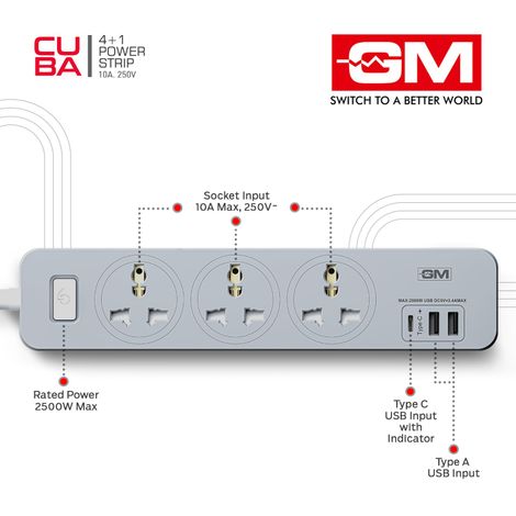 GM 3341 Cuba Power Strip with USB Type–C I Extension Cord with Surge Protection I Spike Guard I Fireproof Body Upto 750 Degree I 1.8M Cord I 3.4A Max Power Output I 3 International Sockets