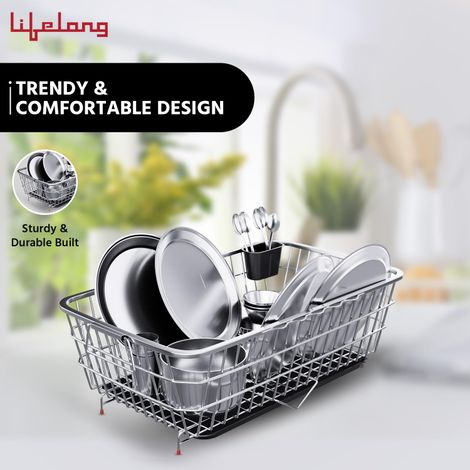 Lifelong Kitchen Organizer Stainless Steel Drying Rack Utensil Drainer Basket Sink Bartan Stand