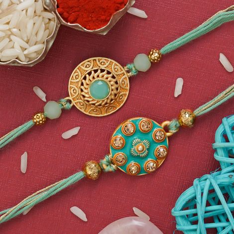 Stone Light Blue & Golden Premium Designer Rakhis & Roli Chawal Pack (eCraftIndia) Set of 2