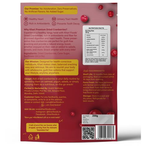 Khari Foods Premium Dried Cranberries | Antioxidants | Juicy & Delicious for Kids & Adults
