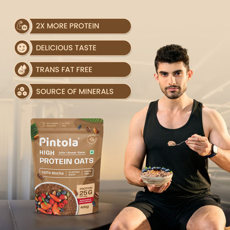 Pintola 25G High Protein Oats | Caffe Mocha - No Refined Sugar - With Almonds & Raisins