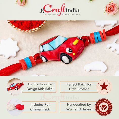 Kids Cartoon Car Rakhi for Brother, Bhai, Bhaiya with Roli Chawal Pack (eCraftIndia)