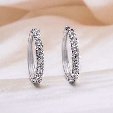 Rubans Rhodium Plated Sparkling Cubic Zirconia Studded Hoop Earrings