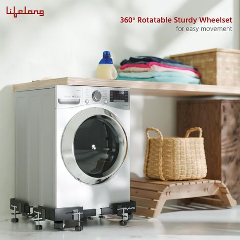 Lifelong Washing Machine Stand - Adjustable Metal Kitchen Trolley With Rubber Pads Black and White