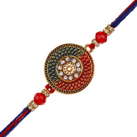 Stone Red, Blue Round Designer Rakhi for Brother & Roli Chawal Pack (eCraftIndia)