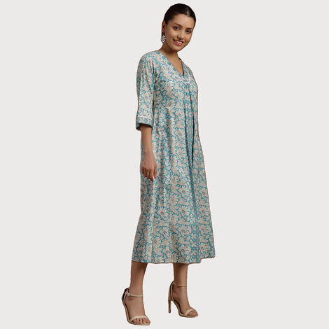 Libas Women's Floral Printed Panelled A-Line Dress with Pleated Style And Pocket | 29115O | Blue - M