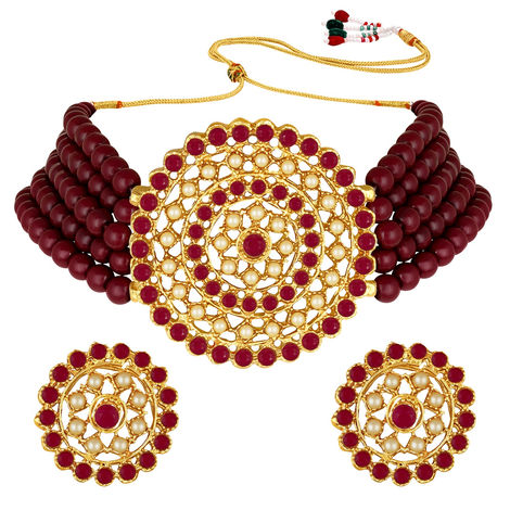 Peora Gold Plated Kundan Beads Choker Necklace with Round Earrings Traditional Jewellery Set