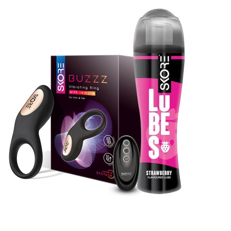 Skore Vibrating Ring - Buzzz With Remote For Him And Her (1pc) & Skore Lubes - Strawberry Flavour (50ml) Combo