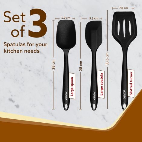 Agaro Delux Silicone Spatula Set of 3, Cooking and Mixing, for Non-Stick Cookware, Black