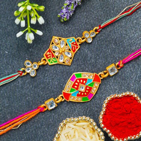Kundan Multicolor Rakhis for Bhai, Bhaiya, Bhabhi and Kids with Roli Chawal Pack (eCraftIndia) Set of 2