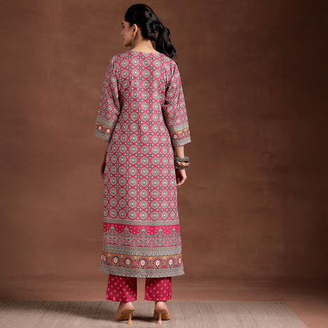 Libas Women's Ethnic Motif Printed Straight Crepe Kurta | 29244O | Pink - L