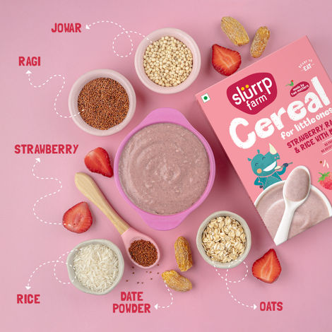 Slurrp Farm Ragi Rice Strawberry Instant Healthy Cereal | Mildly Sweetened With Date Powder