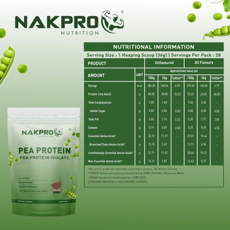 Nakpro 100% Pea Protein Isolate Chocolate - 26G Protein 4.9G Bcaa
